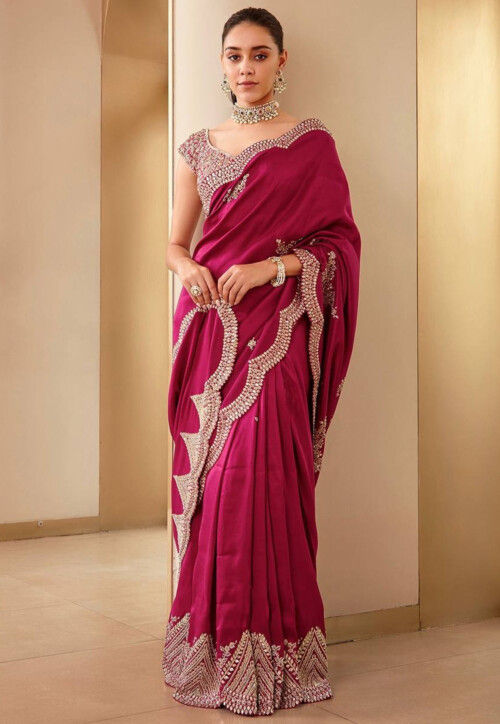 Embroidered Art Silk Scalloped Saree in Fuchsia