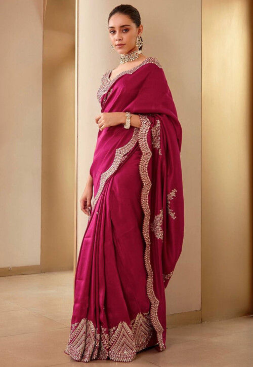 Embroidered Art Silk Scalloped Saree in Fuchsia