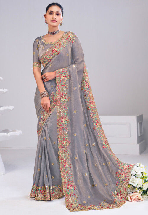 Embroidered Art Silk Scalloped Saree in Grey