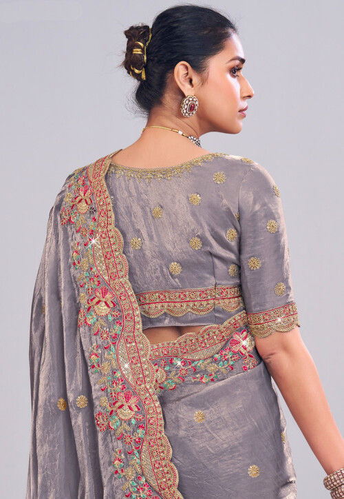 Embroidered Art Silk Scalloped Saree in Grey