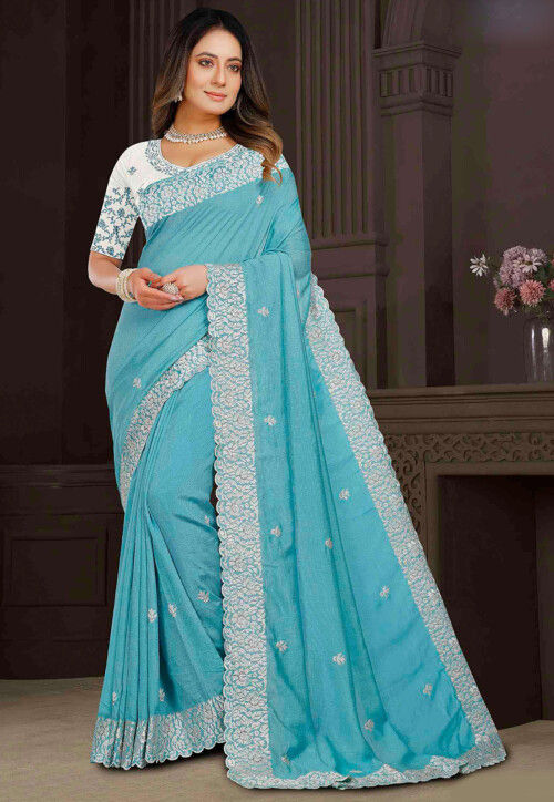 Embroidered Art Silk Scalloped Saree in Light Blue