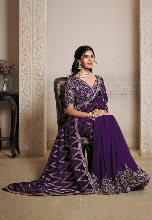 Embroidered Art Silk Scalloped Saree in Purple