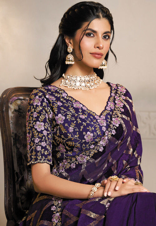 Embroidered Art Silk Scalloped Saree in Purple