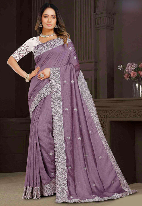 Embroidered Art Silk Scalloped Saree in Purple