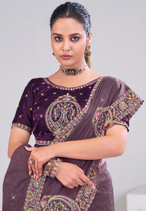 Embroidered Art Silk Scalloped Saree in Purple