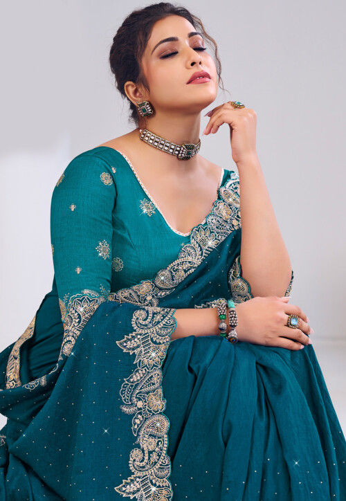 Embroidered Art Silk Scalloped Saree in Teal Blue