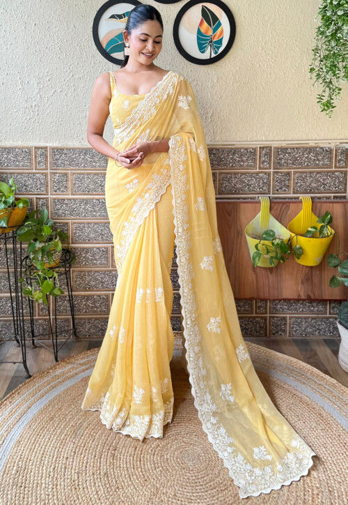 Embroidered Art Silk Scalloped Saree in Yellow