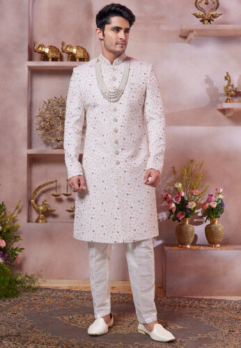 Embroidered Art Silk Sherwani in Baby Pink
