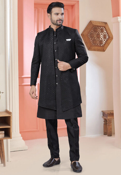 Embroidered Art Silk Sherwani in Black
