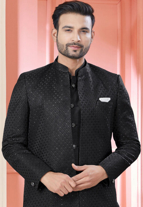 Embroidered Art Silk Sherwani in Black