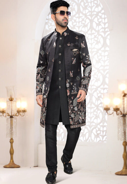 Embroidered Art Silk Sherwani in Black