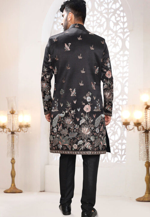 Embroidered Art Silk Sherwani in Black