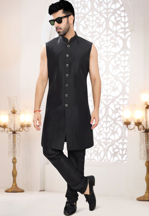 Embroidered Art Silk Sherwani in Black