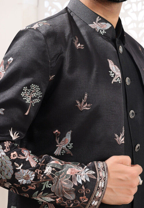 Embroidered Art Silk Sherwani in Black