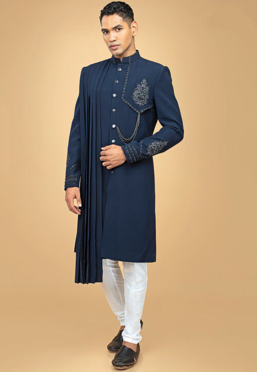 Embroidered Art Silk Sherwani in Blue