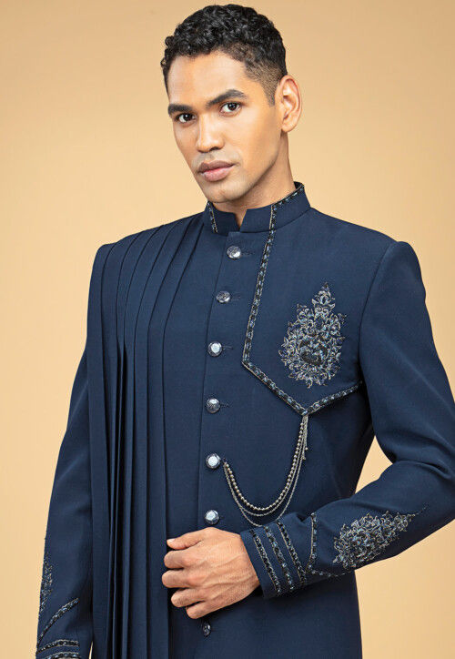 Embroidered Art Silk Sherwani in Blue