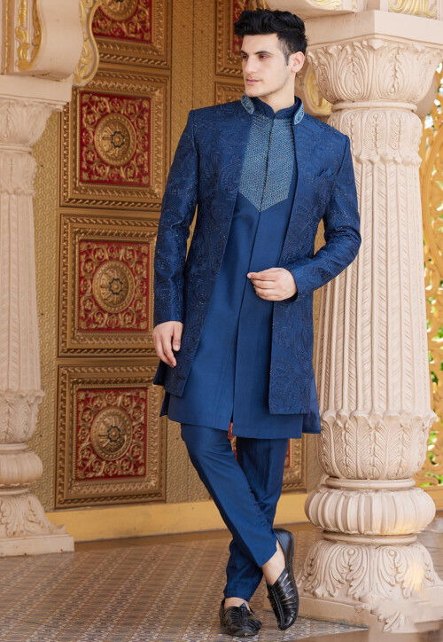 Embroidered Art Silk Sherwani in Blue