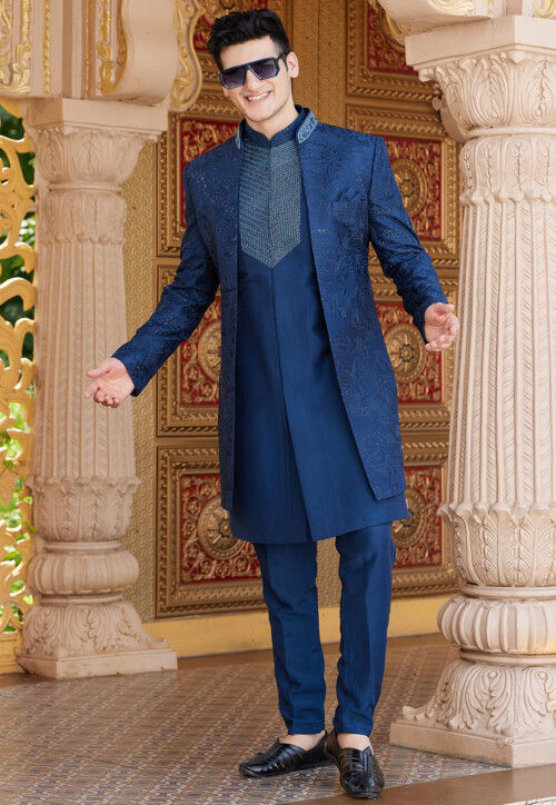 Embroidered Art Silk Sherwani in Blue
