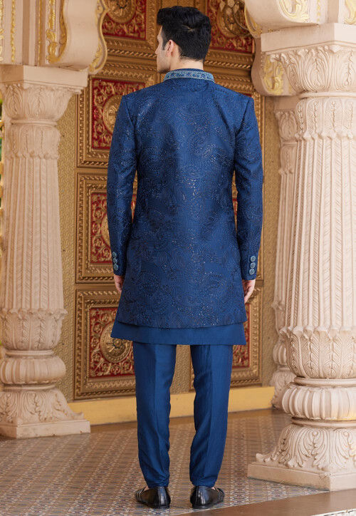 Embroidered Art Silk Sherwani in Blue