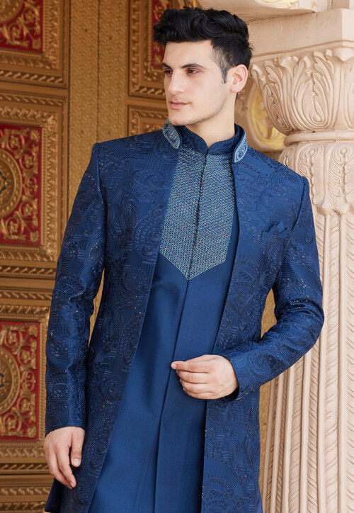 Embroidered Art Silk Sherwani in Blue