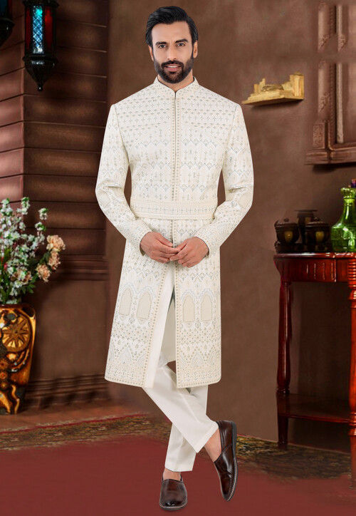 Embroidered Art Silk Sherwani in Cream