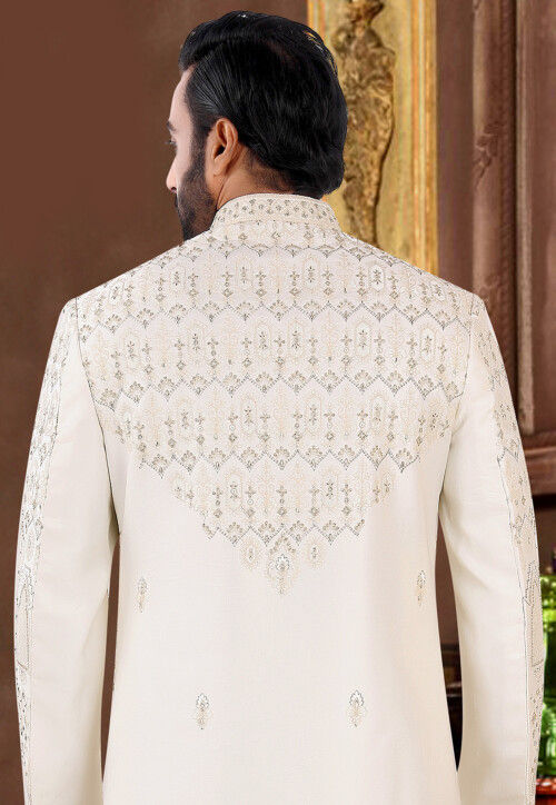 Embroidered Art Silk Sherwani in Cream
