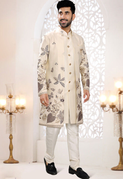 Embroidered Art Silk Sherwani in Cream