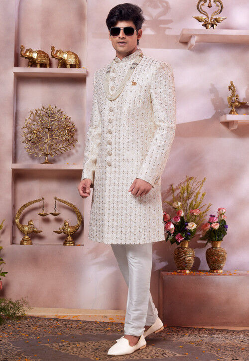 Embroidered Art Silk Sherwani in Cream
