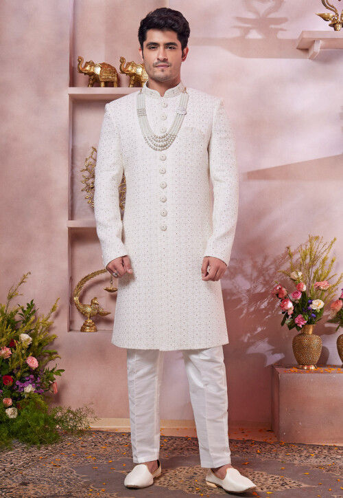 Embroidered Art Silk Sherwani in Cream