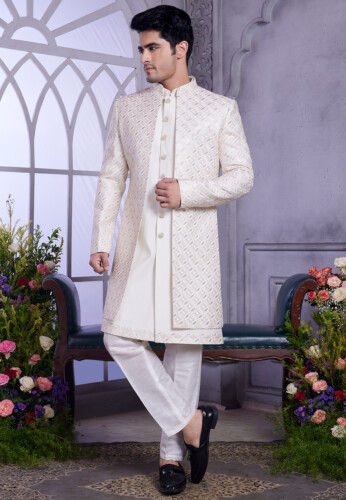 Embroidered Art Silk Sherwani in Cream