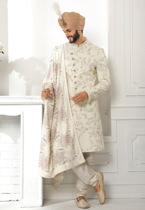 Embroidered Art Silk Sherwani in Cream