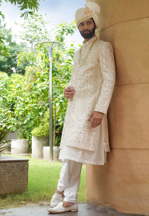 Embroidered Art Silk Sherwani in Cream