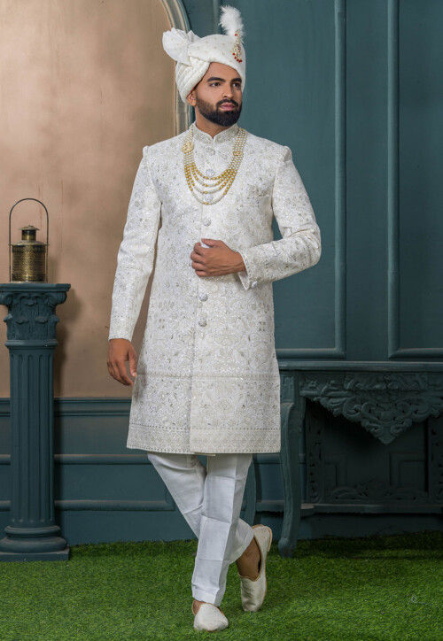 Embroidered Art Silk Sherwani in Cream