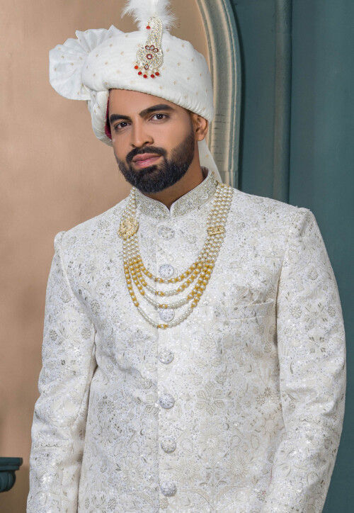 Embroidered Art Silk Sherwani in Cream