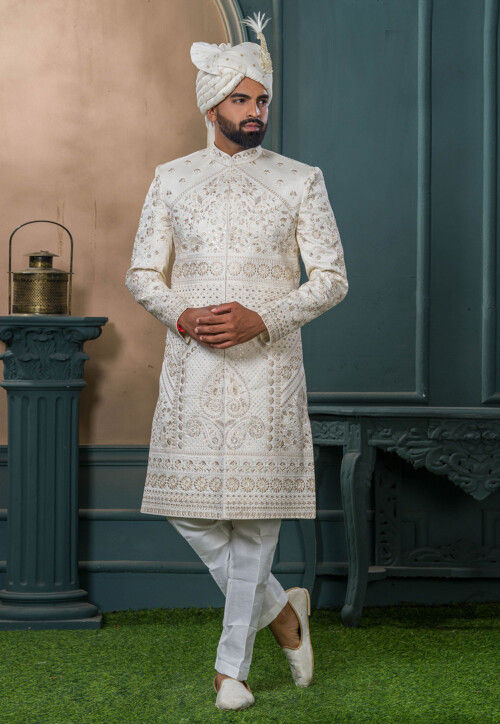 Embroidered Art Silk Sherwani in Cream