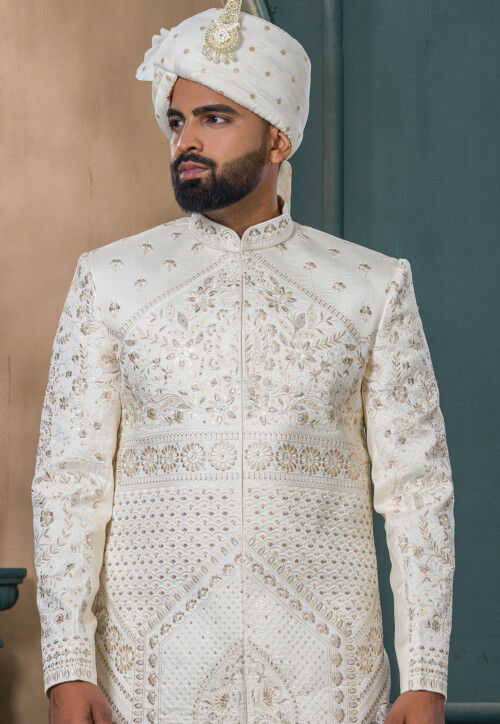 Embroidered Art Silk Sherwani in Cream