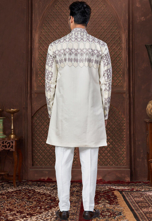 Embroidered Art Silk Sherwani in Cream