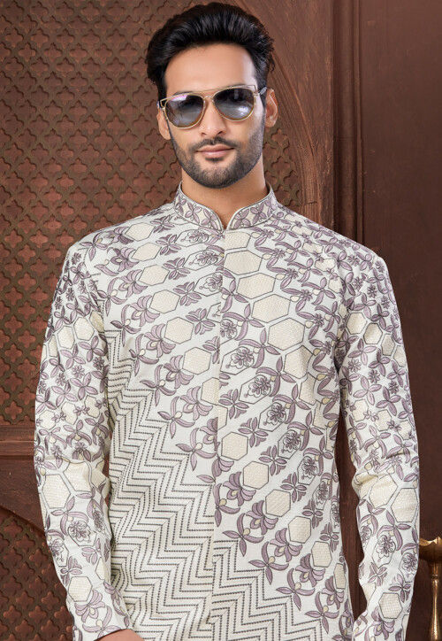 Embroidered Art Silk Sherwani in Cream