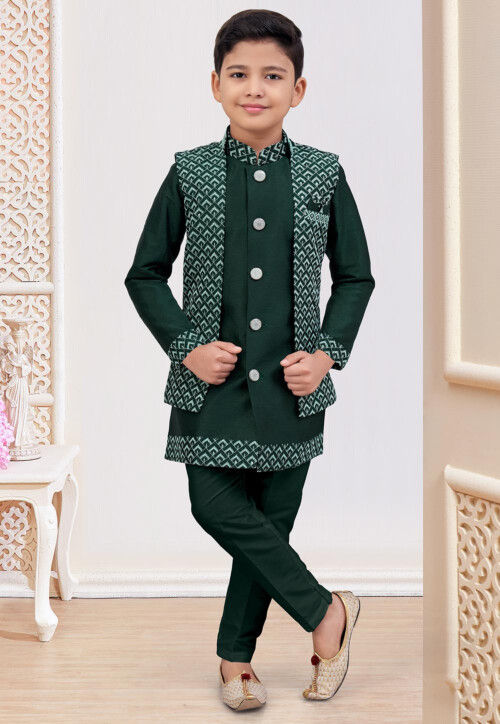 Embroidered Art Silk Sherwani in Dark Green
