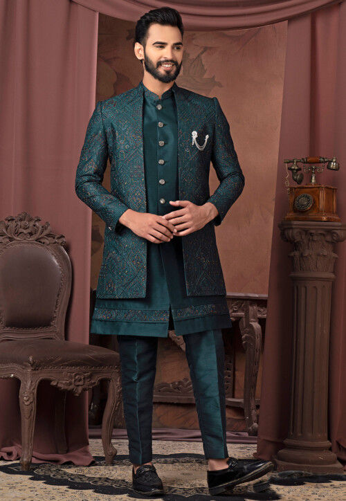 Embroidered Art Silk Sherwani in Dark Teal Green