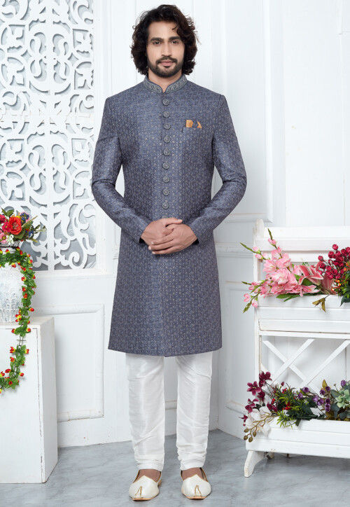 Embroidered Art Silk Sherwani in Dusty Blue
