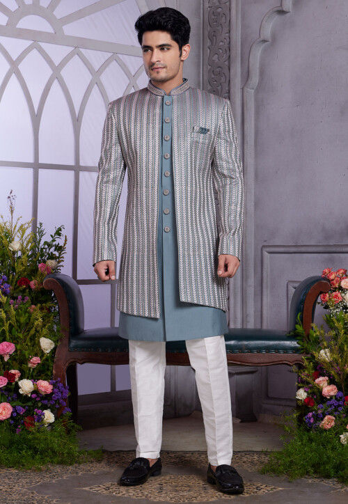 Embroidered Art Silk Sherwani in Dusty Blue