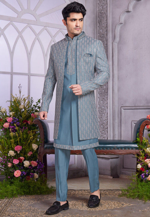 Embroidered Art Silk Sherwani in Dusty Blue