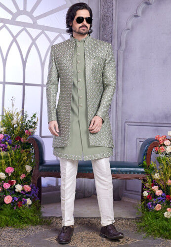 Embroidered Art Silk Sherwani in Dusty Green