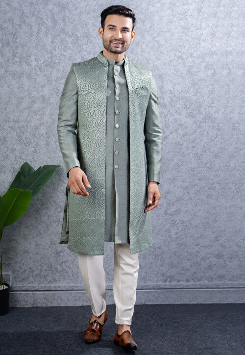 Embroidered Art Silk Sherwani in Dusty Green