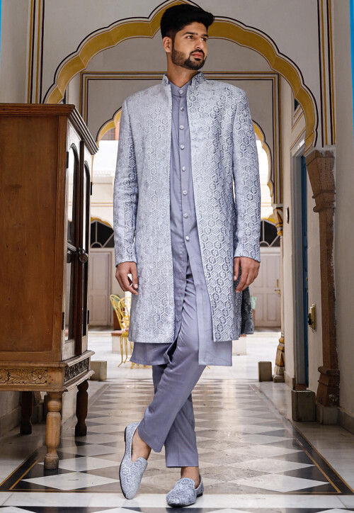 Embroidered Velvet Sherwani in Grey