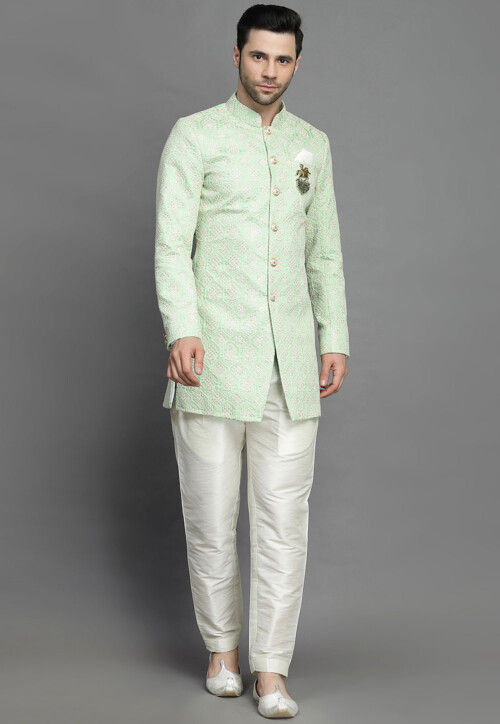 Embroidered Art Silk Sherwani in Light Green