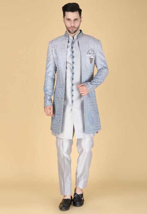Embroidered Art Silk Sherwani in Light Grey and Blue