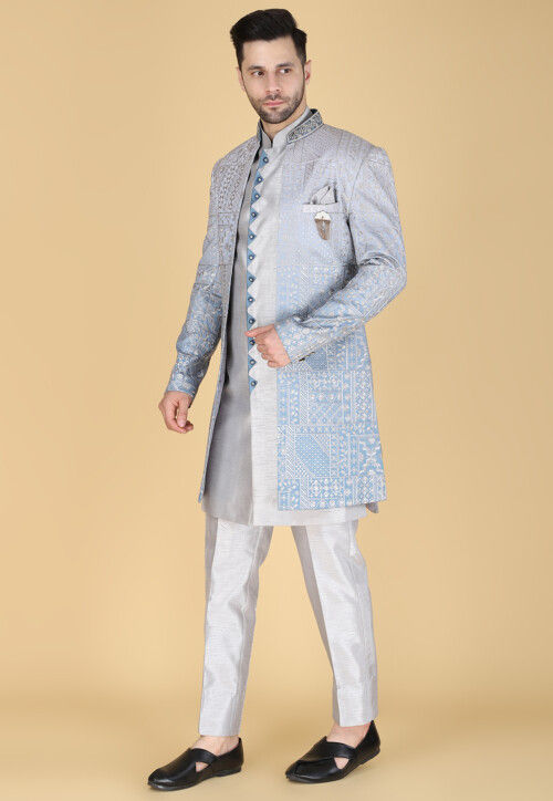 Embroidered Art Silk Sherwani in Light Grey and Blue