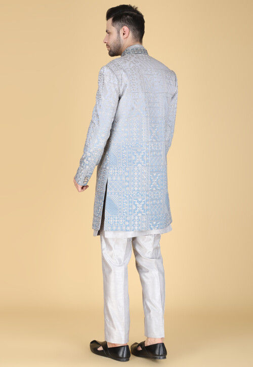 Embroidered Art Silk Sherwani in Light Grey and Blue